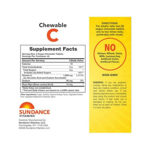 Sundance, Chewable Vitamin C Natural Orange, 1000 Mg, 90 Tabs Sundance