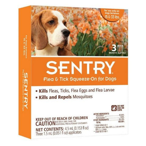 Sentry, Flea & Tick Squeeze-On for Dogs, Medium - 3 Count - (Dogs 15-33 lbs) Sentry