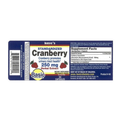 Basic Vitamins, Cranberry Herbal Extract, 250 Mg, 60 Caps Basic Vitamins