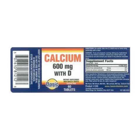 Basic Vitamins, Calcium With D, 600 Mg, 60 Tabs Basic Vitamins