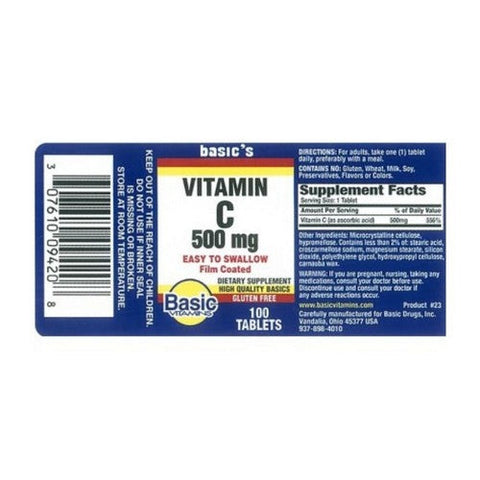 Basic Vitamins, Vitamin C, 500 Mg, 100 Tablets Basic Vitamins